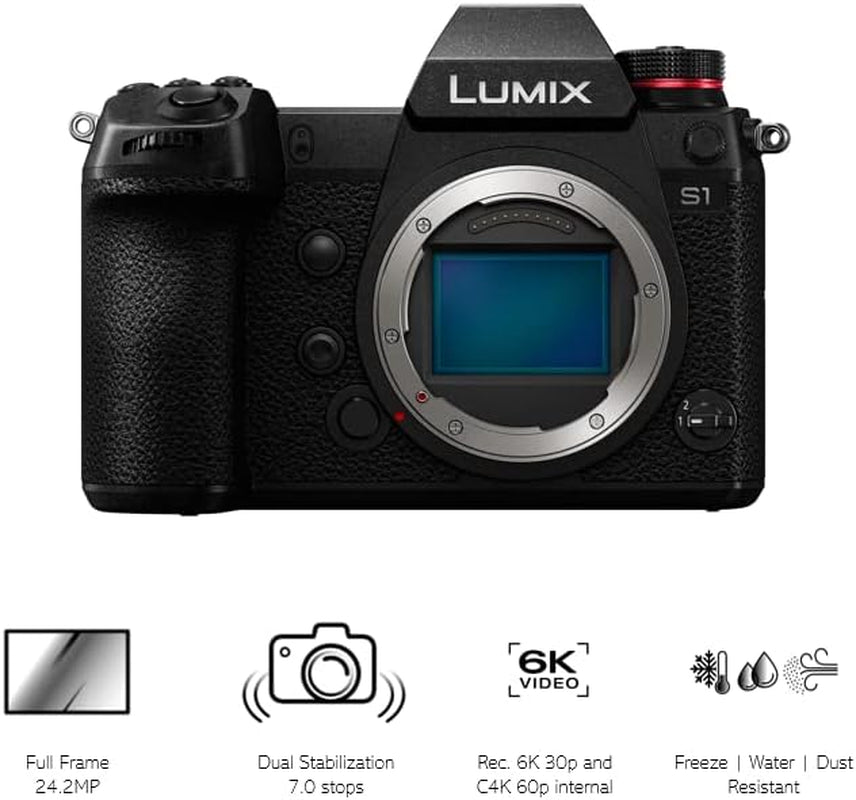 Lumix S1 | Appareil Photo Hybride Plein Format (24,2MP, Vidéo 6K RAW HDMI & C4K 422 10Bit Interne, Double Stabilisation, Slow Motion 180Ips FHD, Tropicalisée)