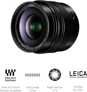 LEICA 12Mm F1.4 | Objectif À Focale Fixe H-X012E (Grand Angle 12Mm, Grande Ouverture F1.4, Equiv. 35Mm : 24Mm) Noir – Compatible Monture Micro 4/3  & Olympus