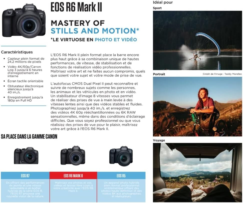 EOS R6 Mark II Appareil Photo Hybride Sans Objectif 24,2 Mégapixels, 40 Img/S, Vidéo 4K 60P, Dual Pixel CMOS Auto Focus II, Noir